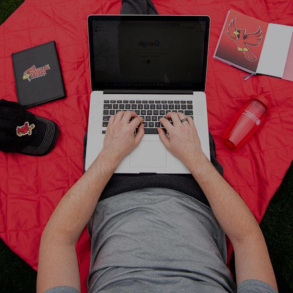 坐在红毯子上使用笔记本电脑的学生.